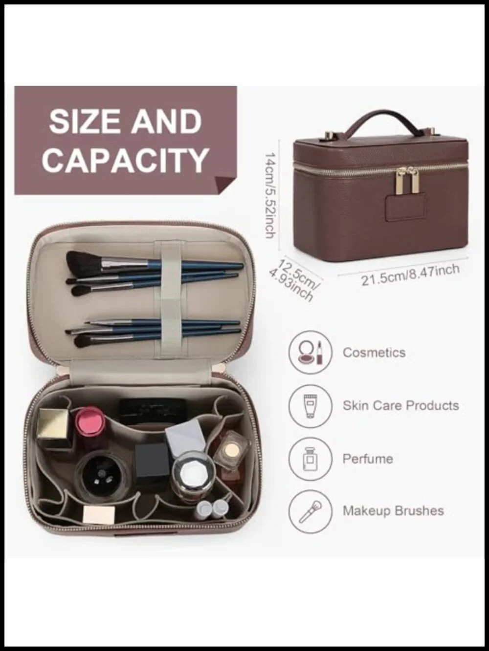 Leather Cosmetic Bag Travel Toiletry Makeup Organizer Case with Removable